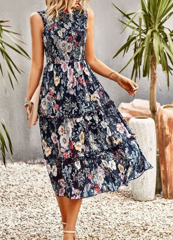 Ruffle Floral Flared Swing Casual Dress