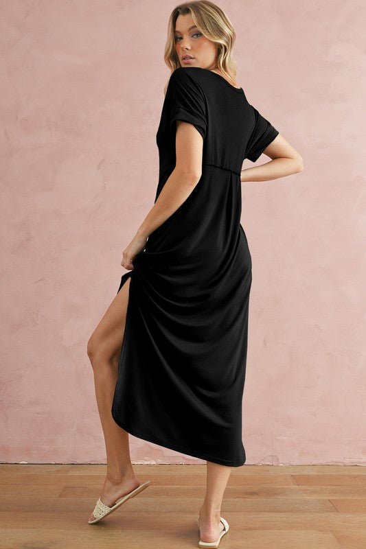 V Neck Hidden Pocket Splits Maxi T-shirt Dress