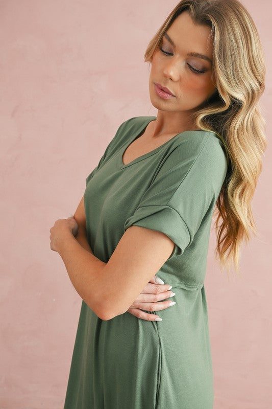 V Neck Hidden Pocket Splits Maxi T-shirt Dress