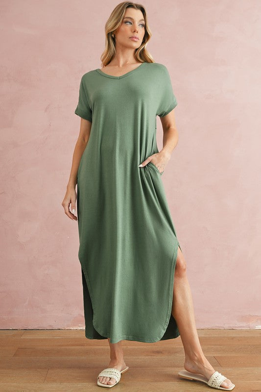 V Neck Hidden Pocket Splits Maxi T-shirt Dress