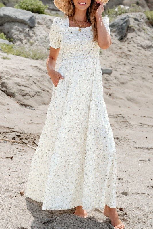 Shirred Bodice Tiered Floral Maxi Dress