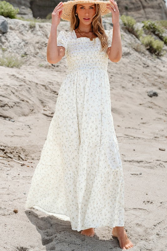 Shirred Bodice Tiered Floral Maxi Dress