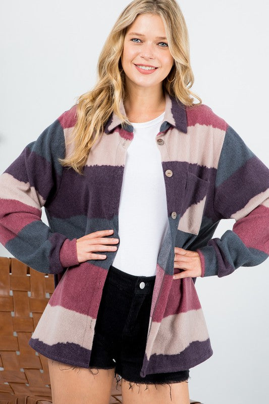 PLUS FUZZY STRIPE BUTTON DOWN SHACKET