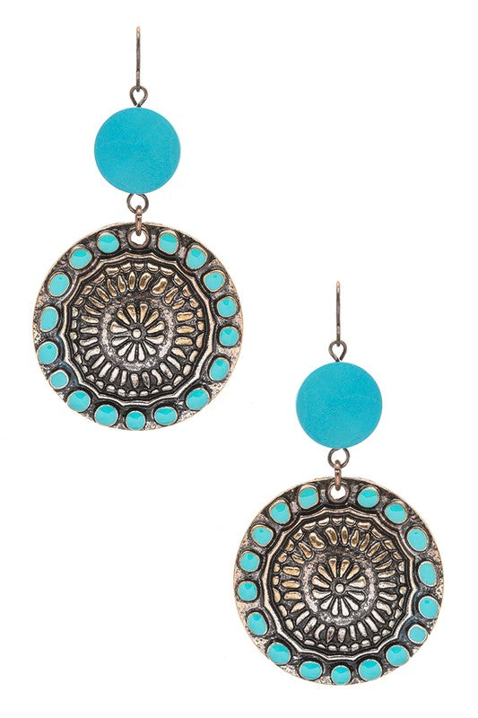 Wooden Disk Western Embossed Earrings