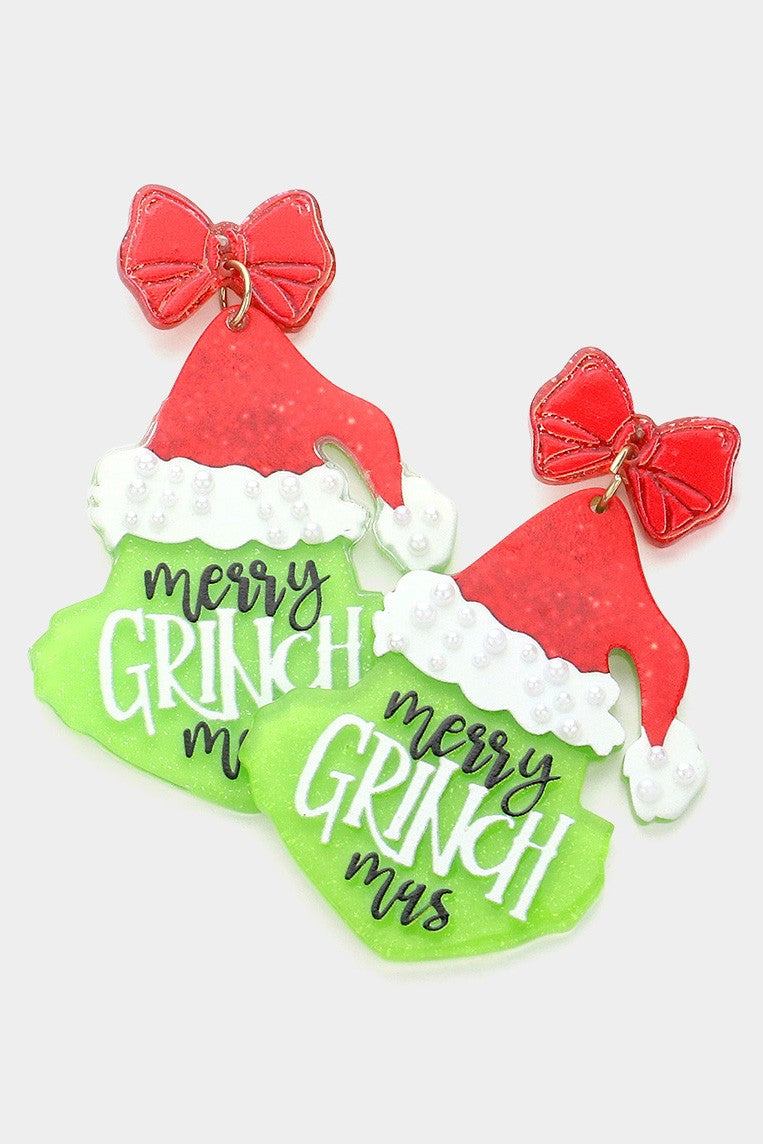 Glittered Resin Merry Grinch Mas Message Dangle Earrings