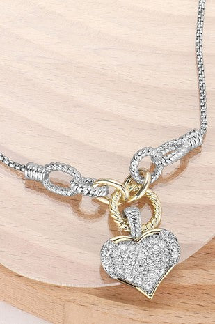 14K Plated Two Tone CZ Stone Paved Heart Necklace