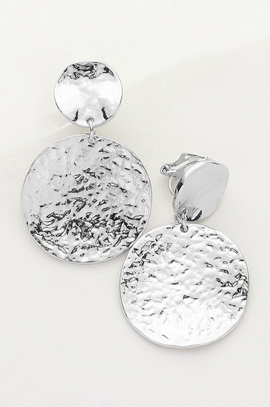 Textured Metal Disc Dangle Clip On Earrings