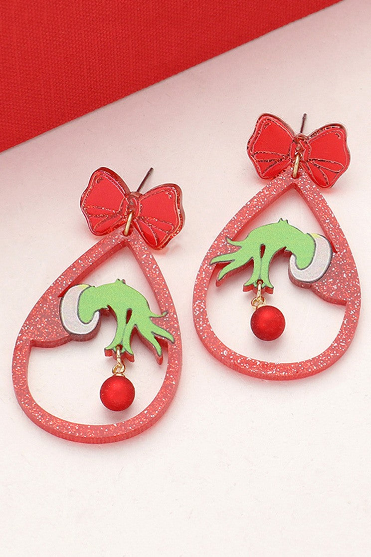 Glittered Resin Christmas Grinch Hand Earrings