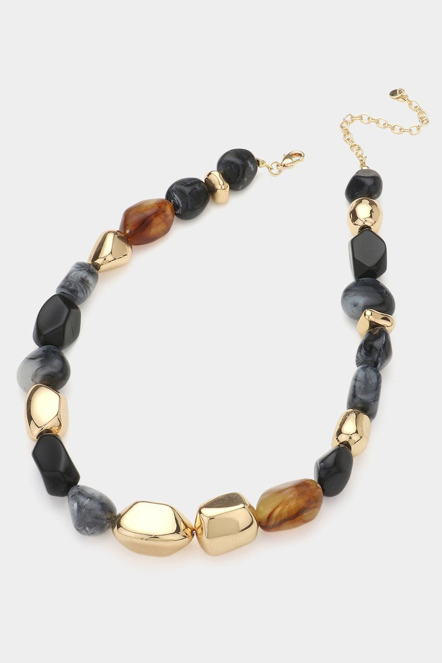 Natural Stone Metal Pebble Beaded Necklace