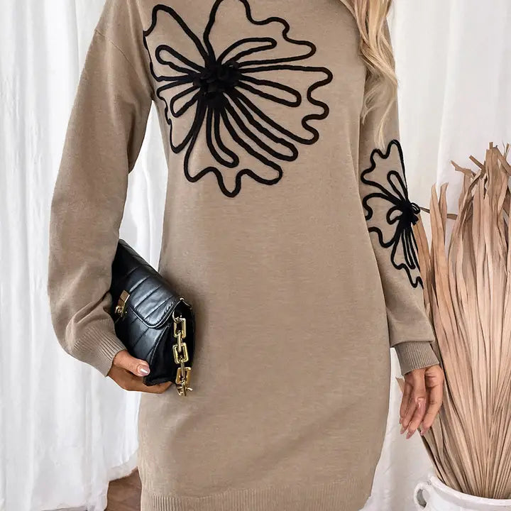 Mid-Neck Flowered Mid-Length Sweater Dress