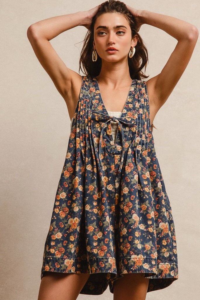 Washed Floral Denim Romper With Front Tie