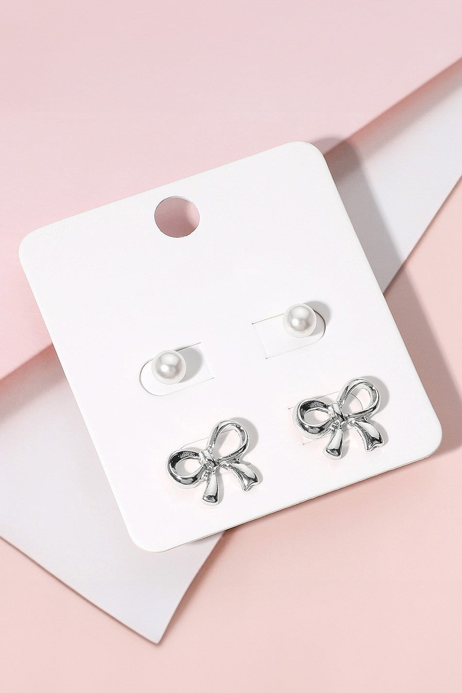 Pearl Metal Bow Stud Earring Set