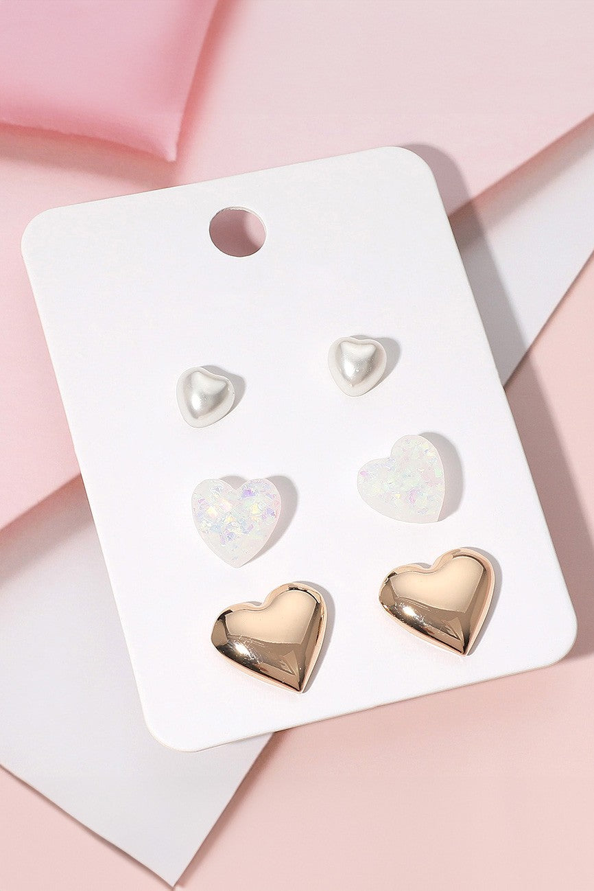 Pearl Metal Heart Stud Earring Set