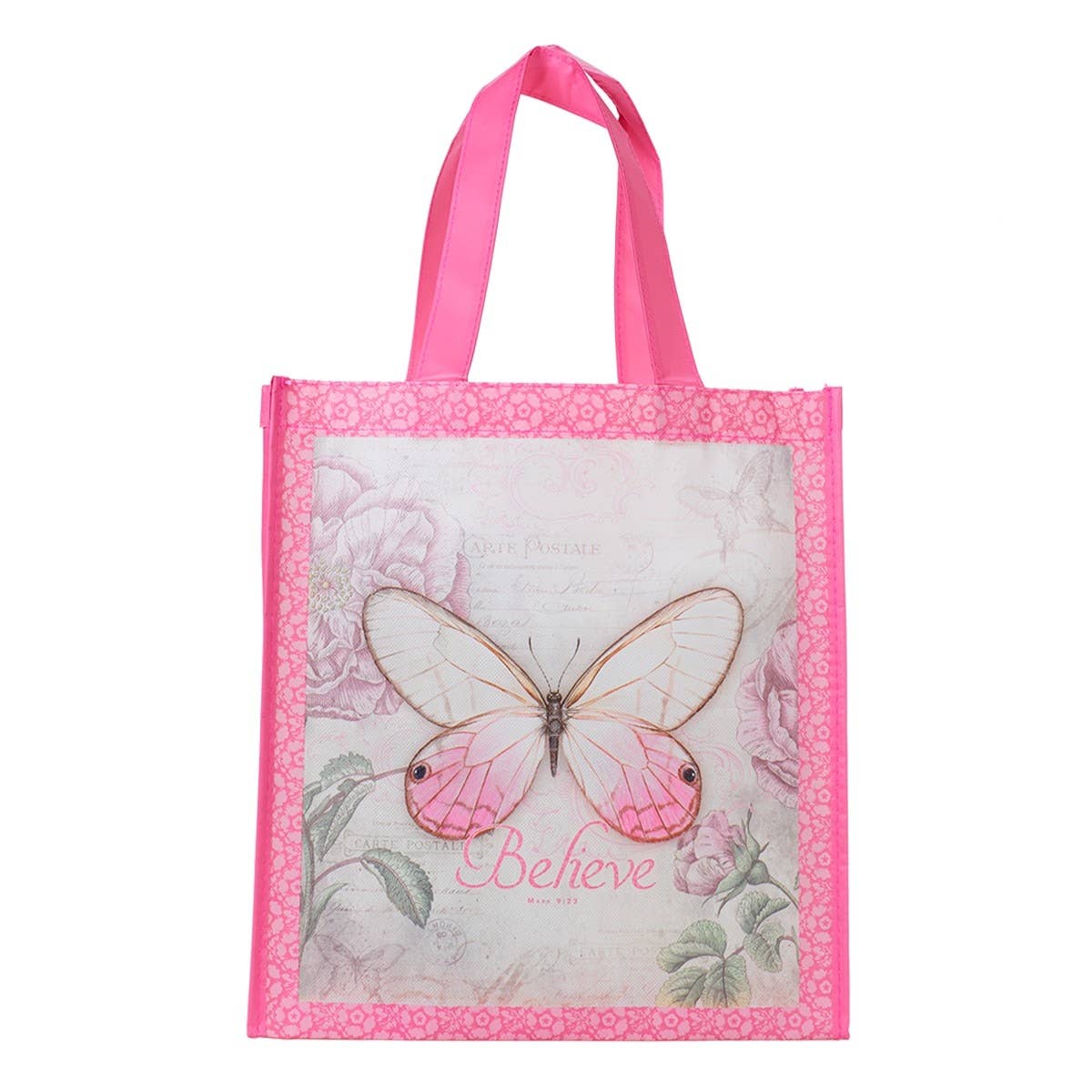 Tote Pink Floral/Butterfly Printed Believe Mark 9:23