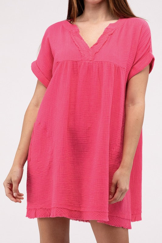 Gauze Rolled Short Sleeve Raw Edge V-Neck Dress