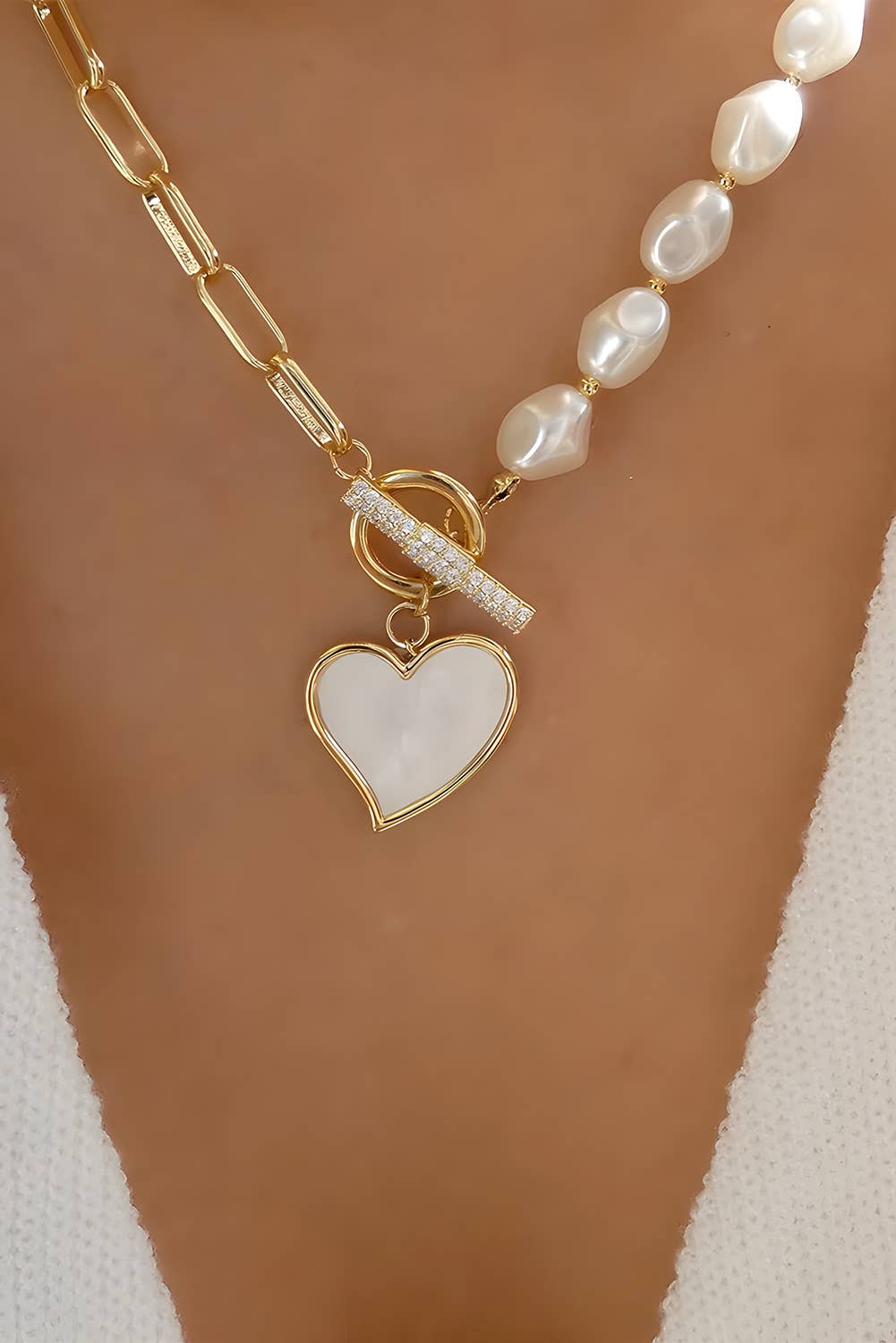 Heart Pendant Rhinestone Pearl Chain Necklace