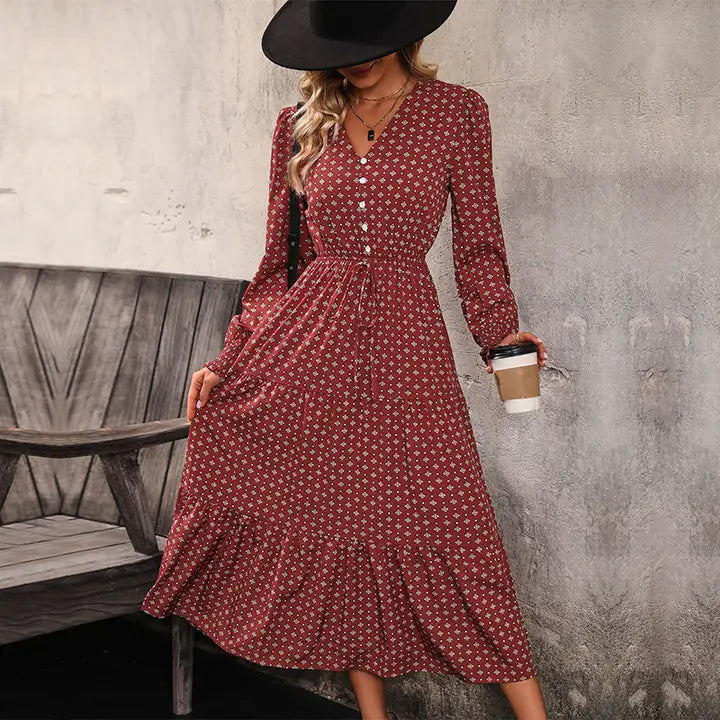 V-Neck Long Sleeve Printed Long Dress