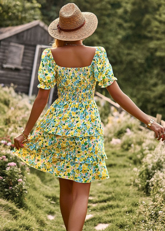 Boho Floral Square Neck Short Sleeve Dress