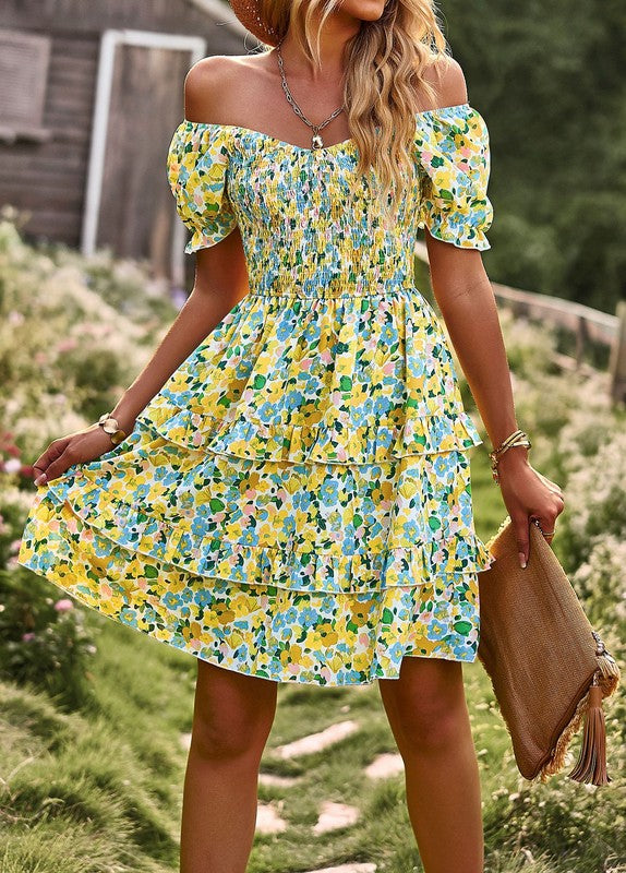 Boho Floral Square Neck Short Sleeve Dress