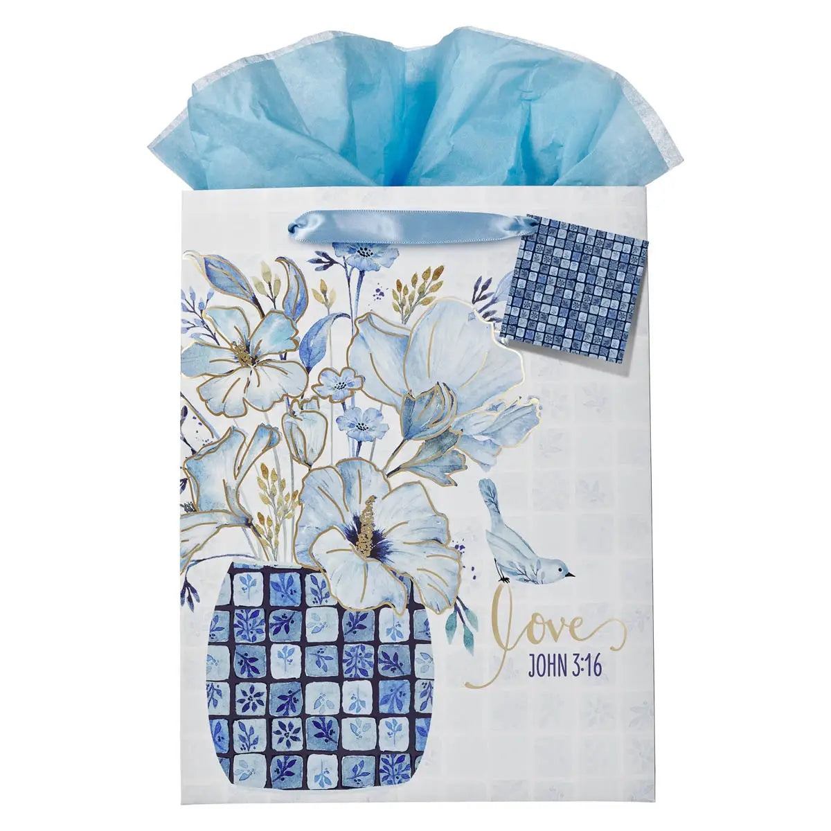 Faith Hope Love Blue Checkered Floral Gift Bag