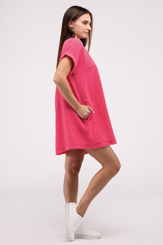 Gauze Rolled Short Sleeve Raw Edge V-Neck Dress