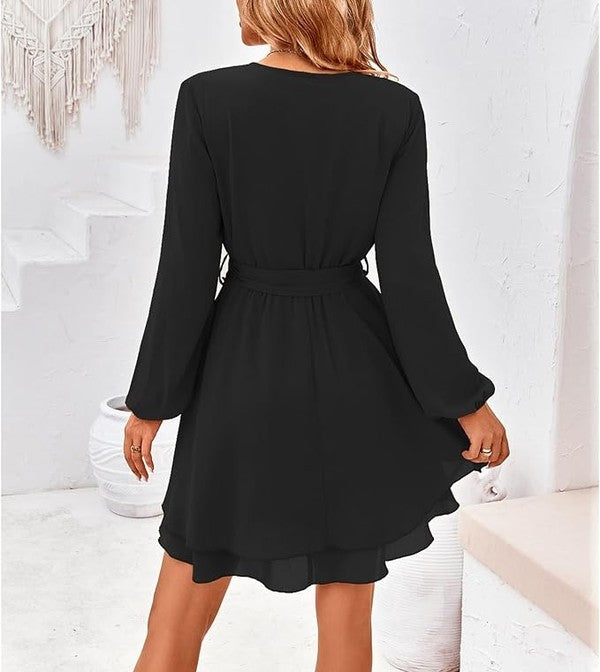 Short Sleeve Deep V Neck Swing Dress