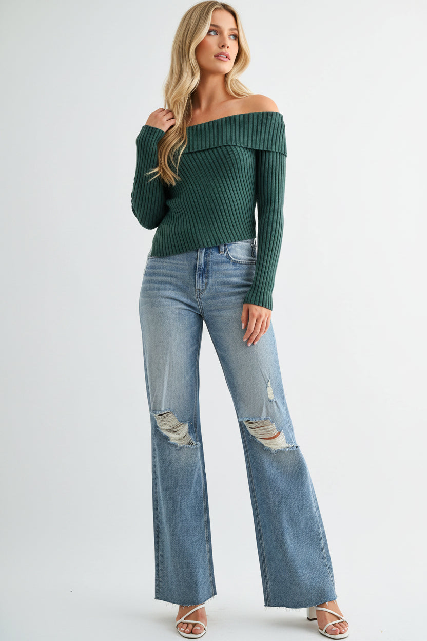 High Rise Wide Leg Distressed Jean