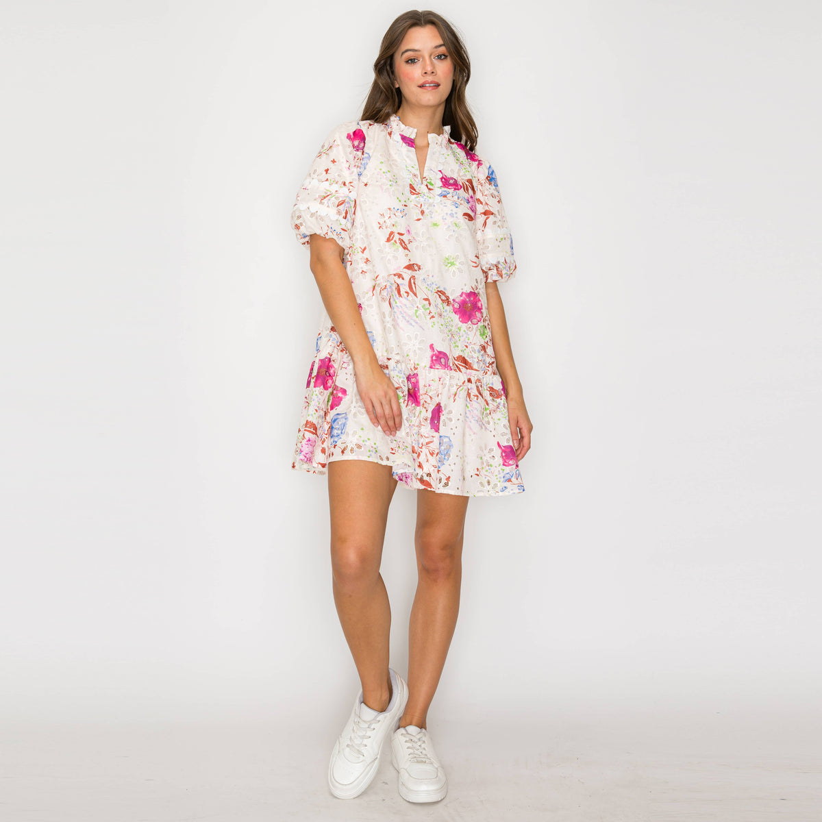 Pink Flower Print Eyelet Mini Dress