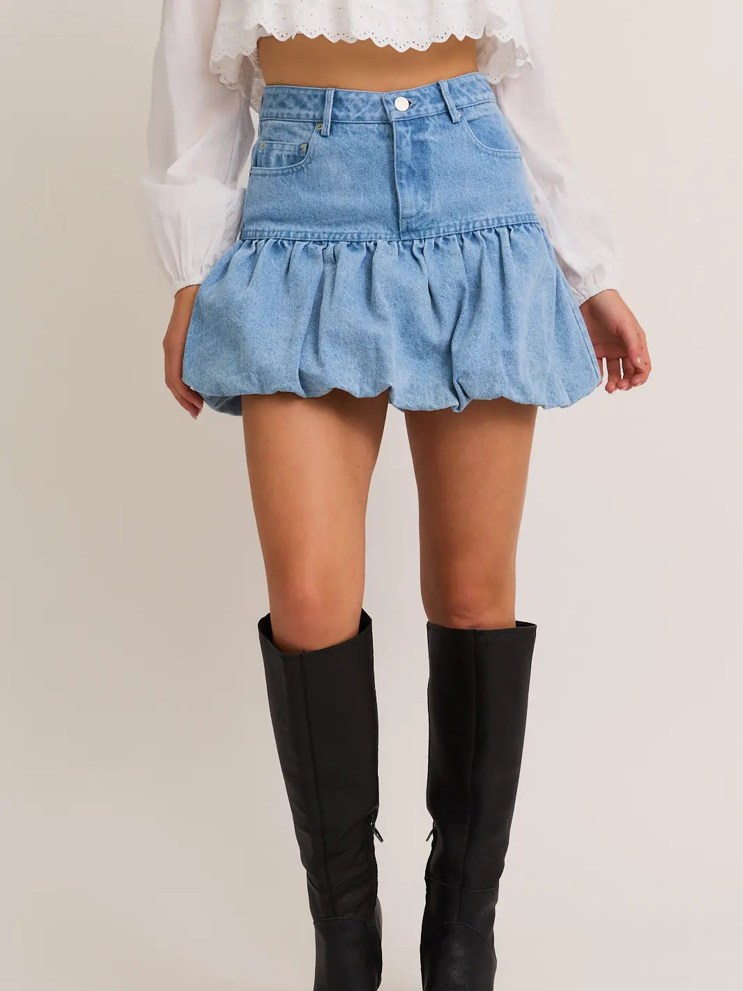 Puff Hem Denim Mini Skirt