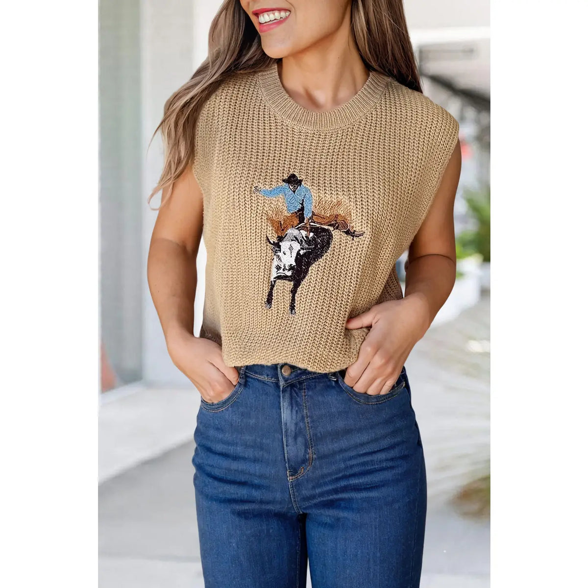 Western Cowboy Embroidery SleeveleTss Sweater