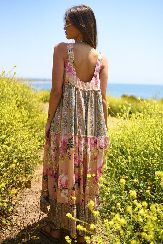 Floral Boho Stripe Mixed Full Skirt Maxi Dress