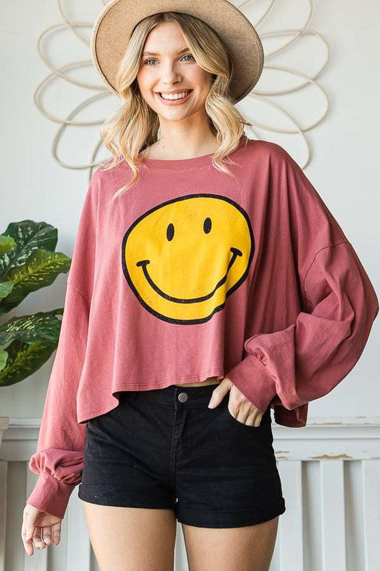 SMILEY FACE LONG SLEEVE CROP TOP