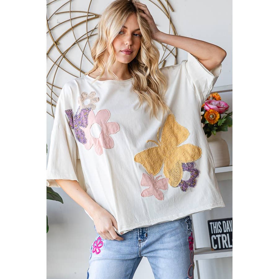 Washed Flower Butterfly Patchwork Top