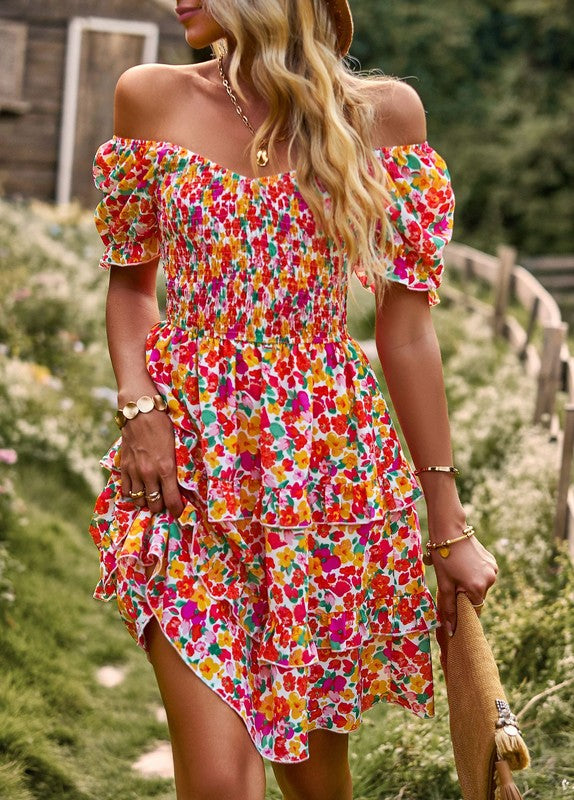 Boho Floral Square Neck Short Sleeve Dress