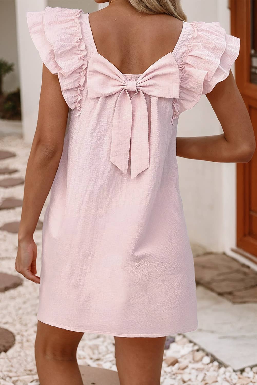 Flutter Sleeve Bow Back Mini Dress