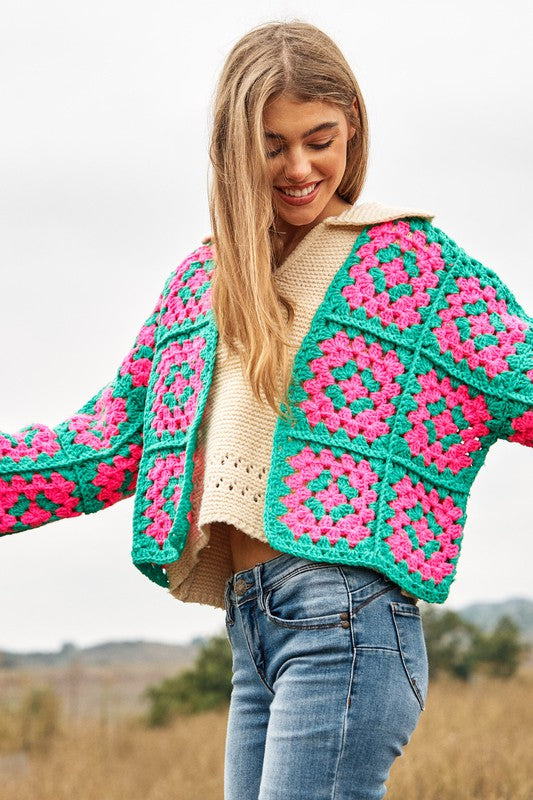 Two-Tone Floral Square Crochet Open Knit Cardigan