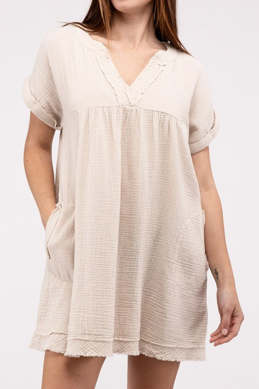 Gauze Rolled Short Sleeve Raw Edge V-Neck Dress