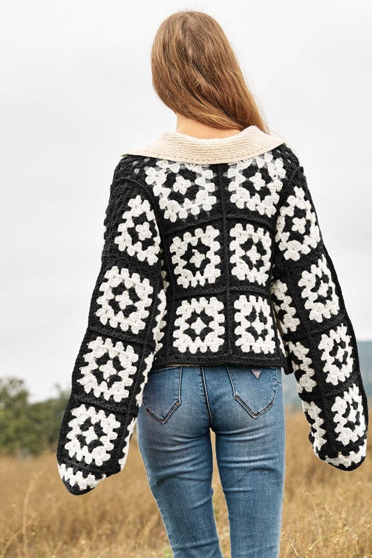 Two-Tone Floral Square Crochet Open Knit Cardigan