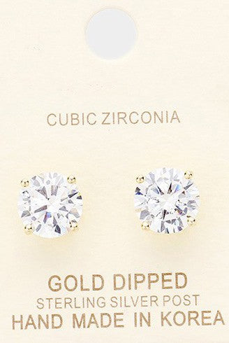 Gold Dipped 9mm Cubic Zirconia Round Stud Earrings