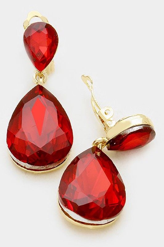 Crystal Double Teardrop Clip On Earrings