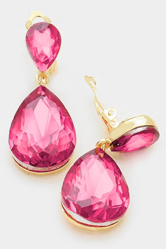 Crystal Double Teardrop Clip On Earrings