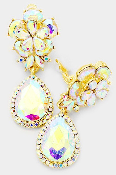 Flower Glass Crystal Teardrop Clip on Earrings