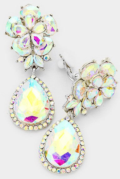 Flower Glass Crystal Teardrop Clip on Earrings