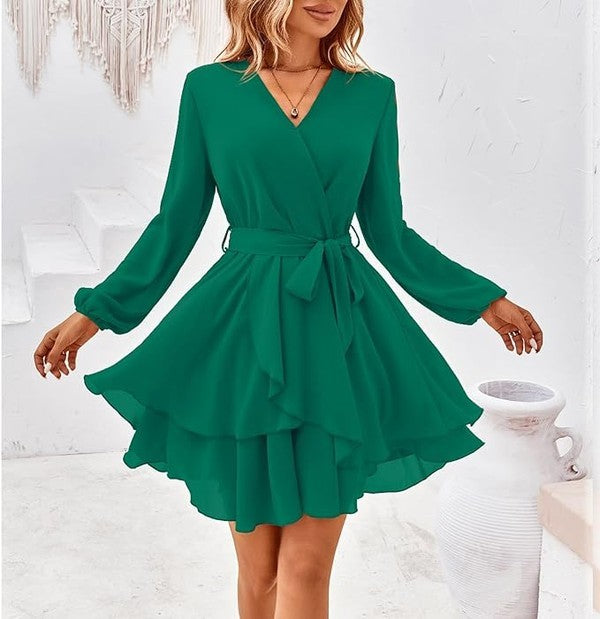 Short Sleeve Deep V Neck Swing Dress