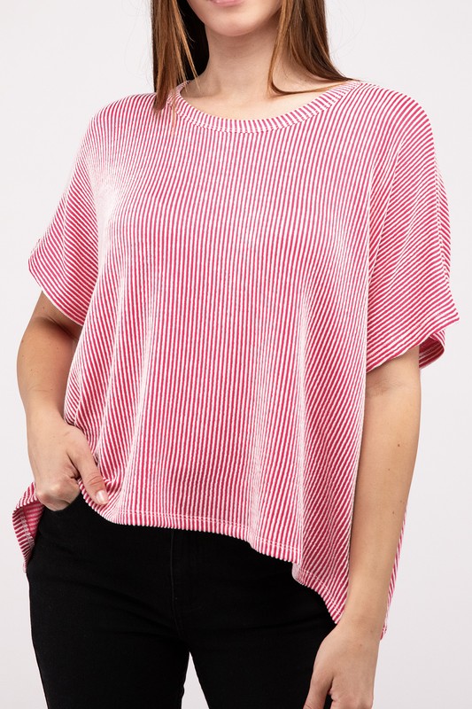 Ribbed Striped Oversized Short Sleeve Top