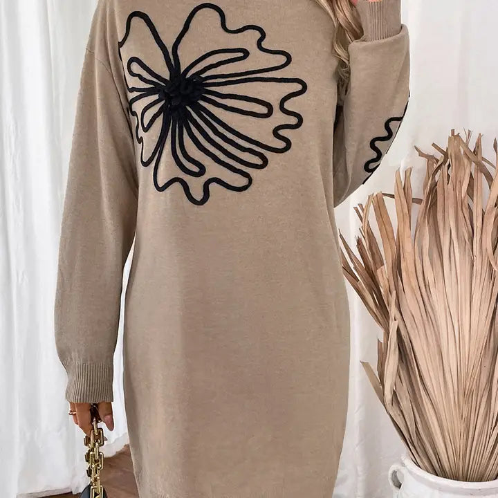 Mid-Neck Flowered Mid-Length Sweater Dress