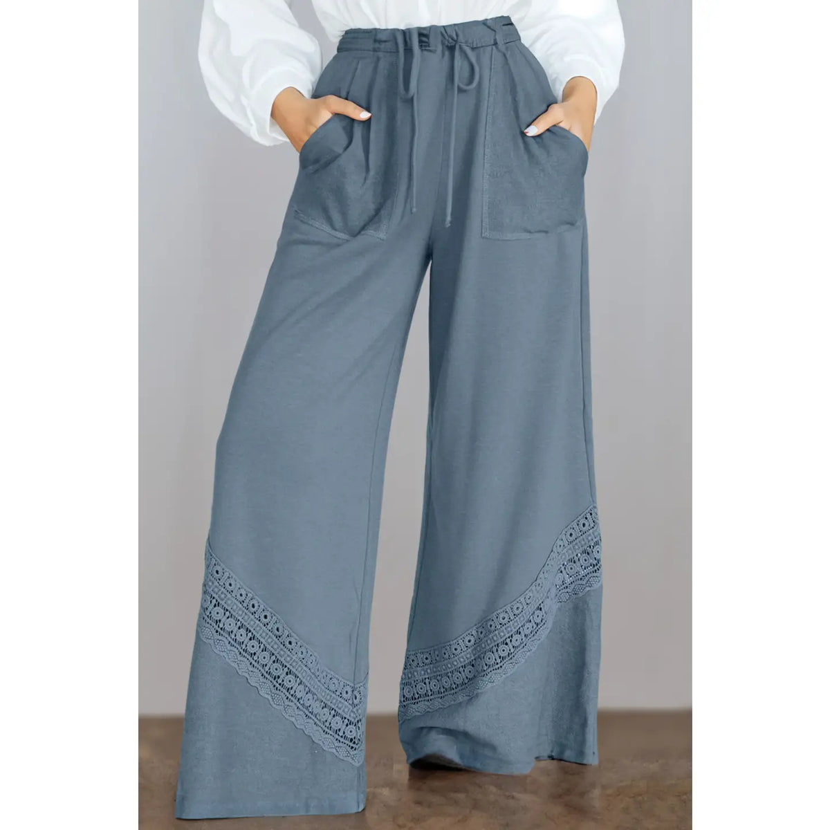 Lace Crochet Trim Wide Leg Casual Pants