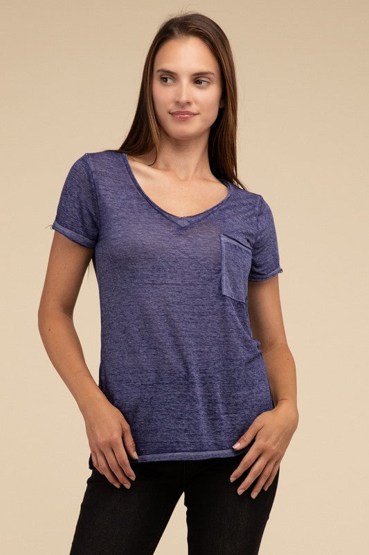 Washed Melange Burnout Scoop V-Neck Top