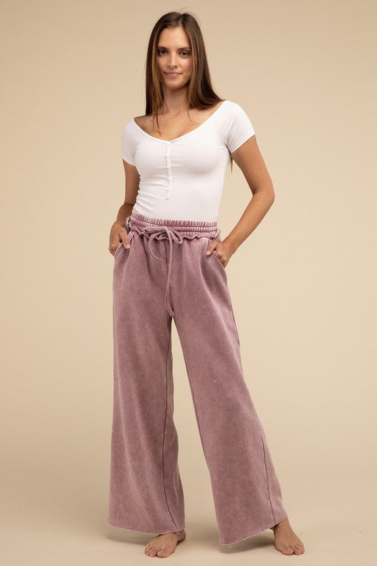 Acid Wash Fleece Palazzo Sweatpants with Pockets