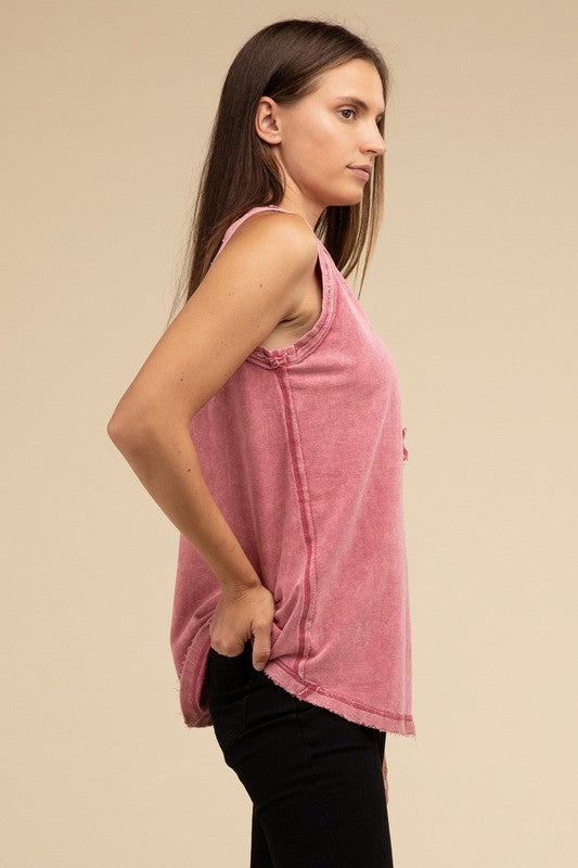 Washed Half-Button Raw Edge Sleeveless Henley Top